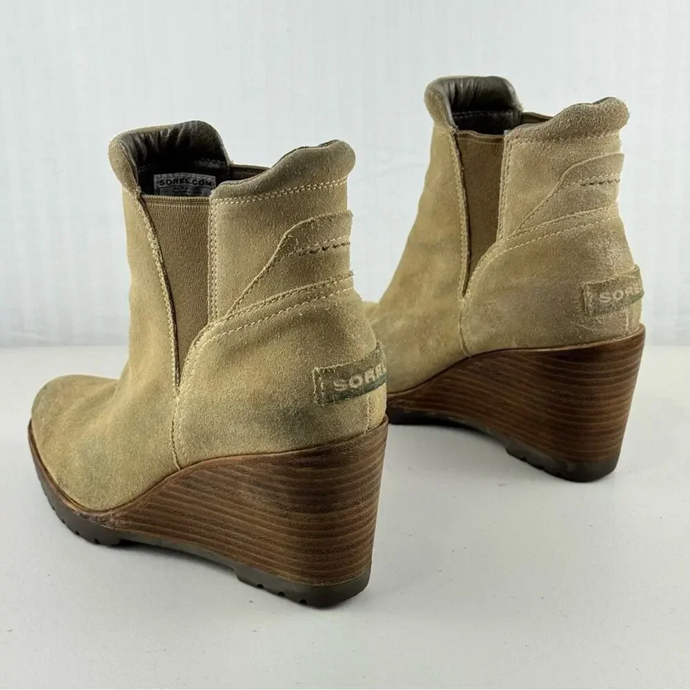 Sorel After Hours Chelsea Boot Tan Suede Wedge Ankle Boots Women’s Size 7 EUR 38